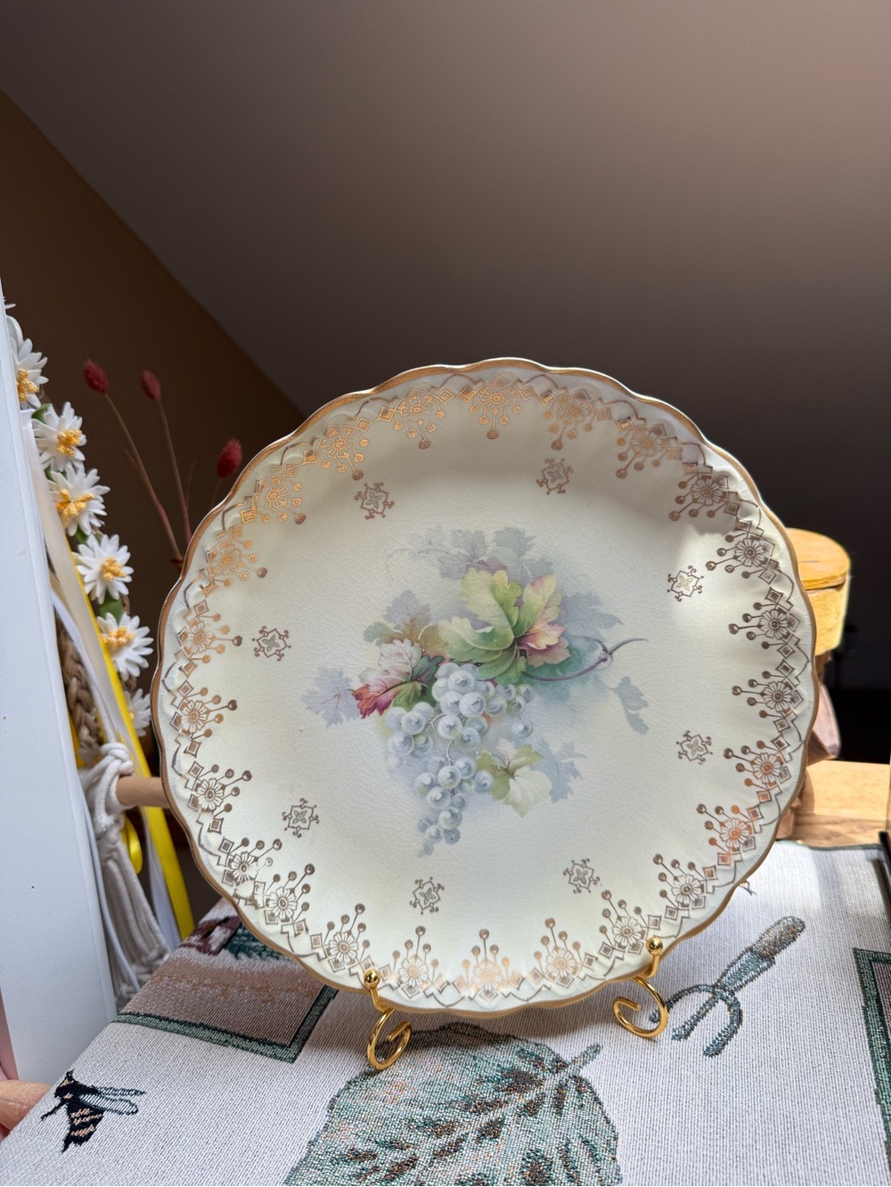 Vintage Scalloped Porcelain Plate, Hand-Painted Grapes & Gold Filigree, Unmarked